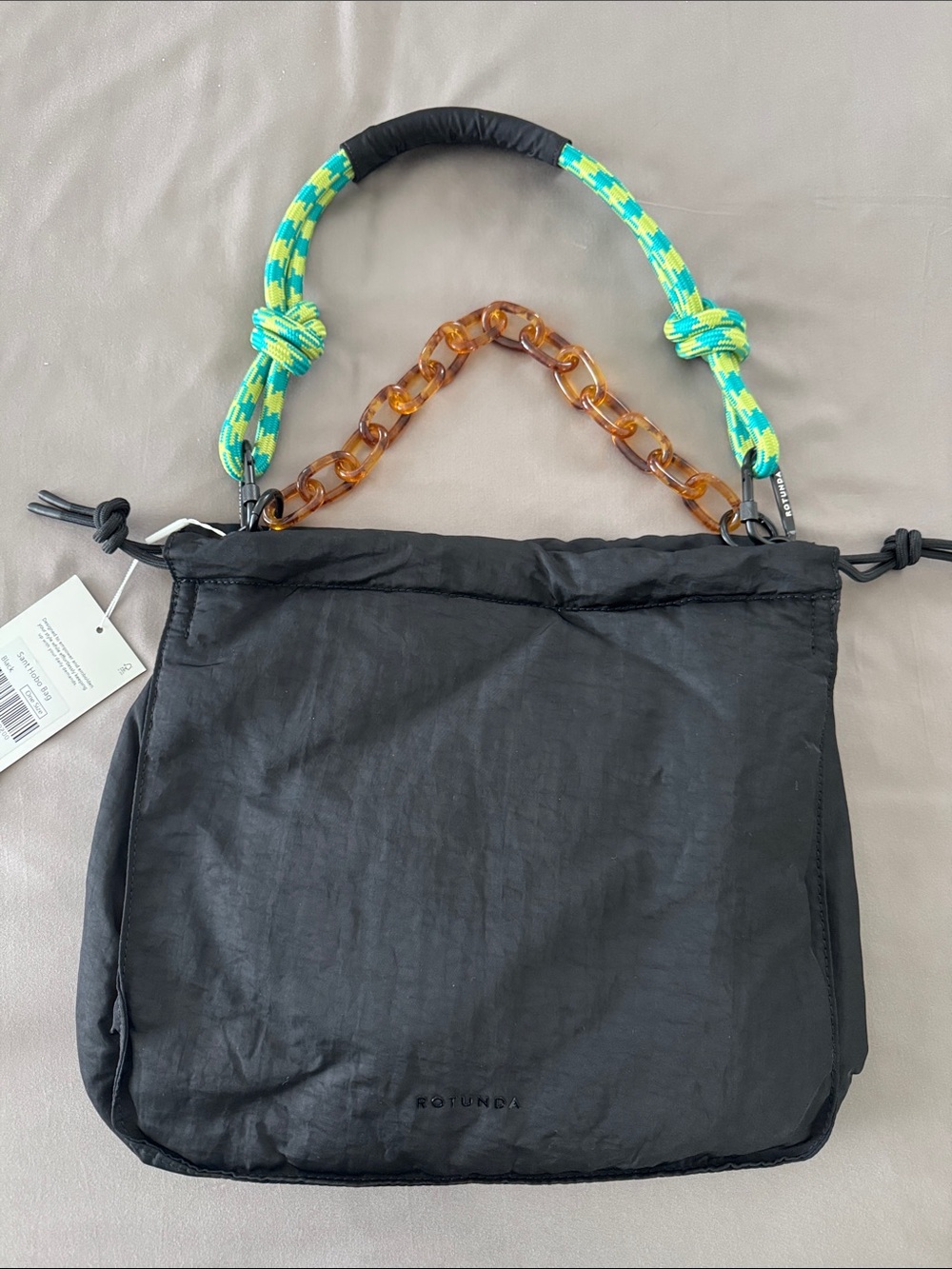 Rotunda Black Shoulder Bag with Green & Yellow Rope and Tortoiseshell Chain